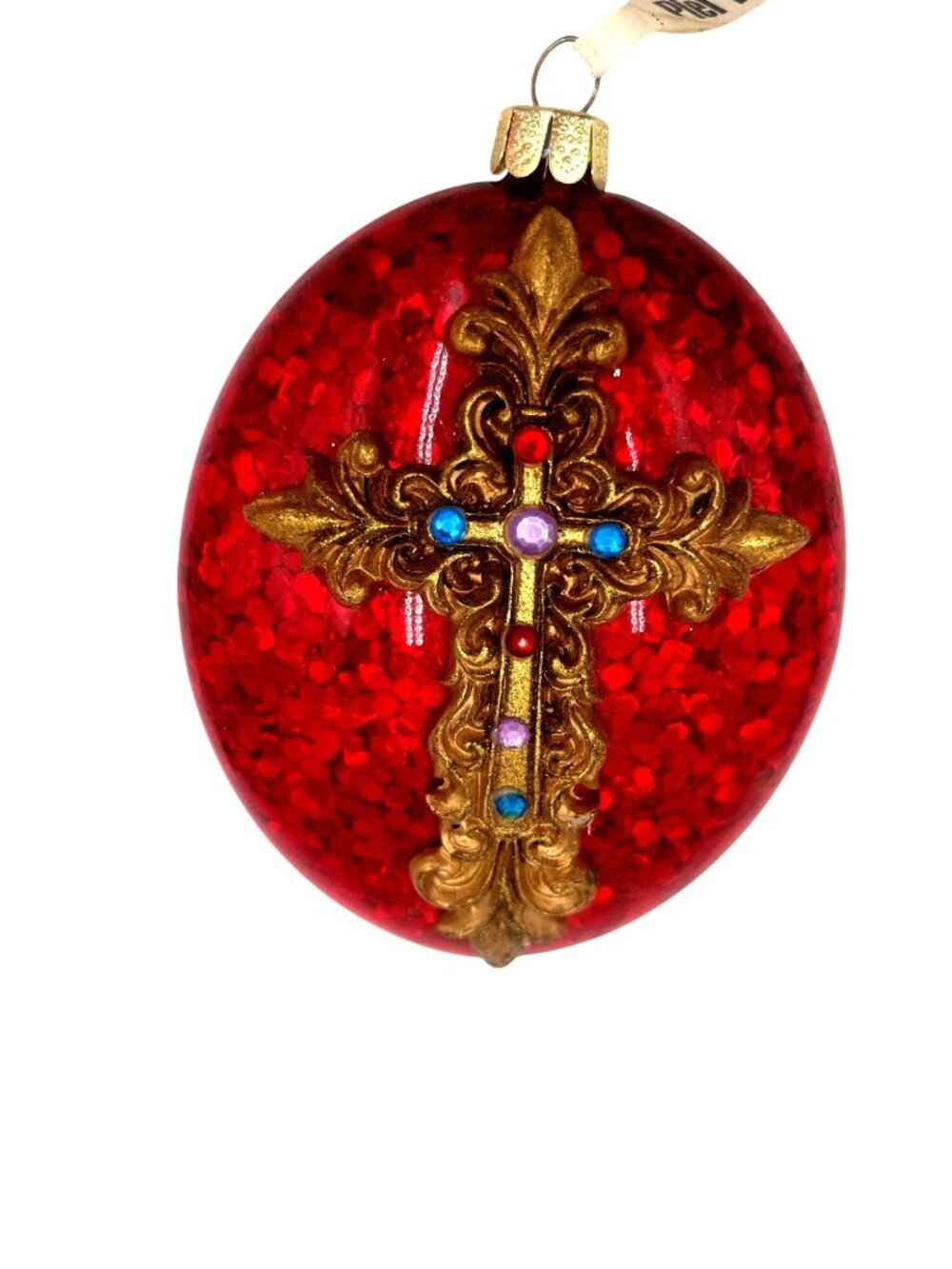 Red Glass Christmas Ornament Pier 1 Gold Cross & Gem Accents 4.5 Inches Glassy